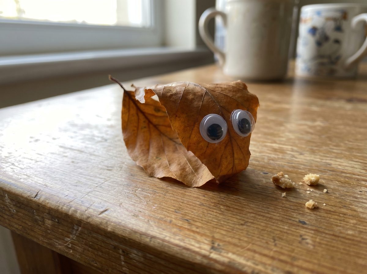 Bladerdier knutselen van een herfstblad met wiebeloogjes