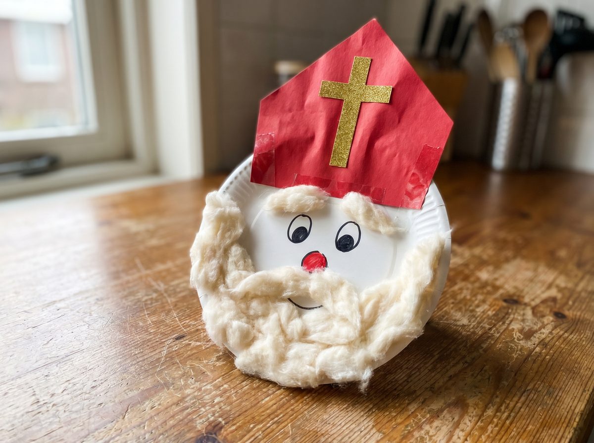 Sint knutselen van een papieren bordje met wattenbaard
