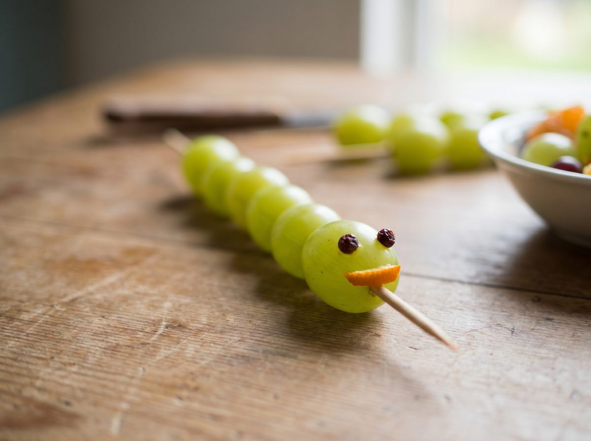 Druiven-rups op een prikker als gezonde traktatie voor kleuters