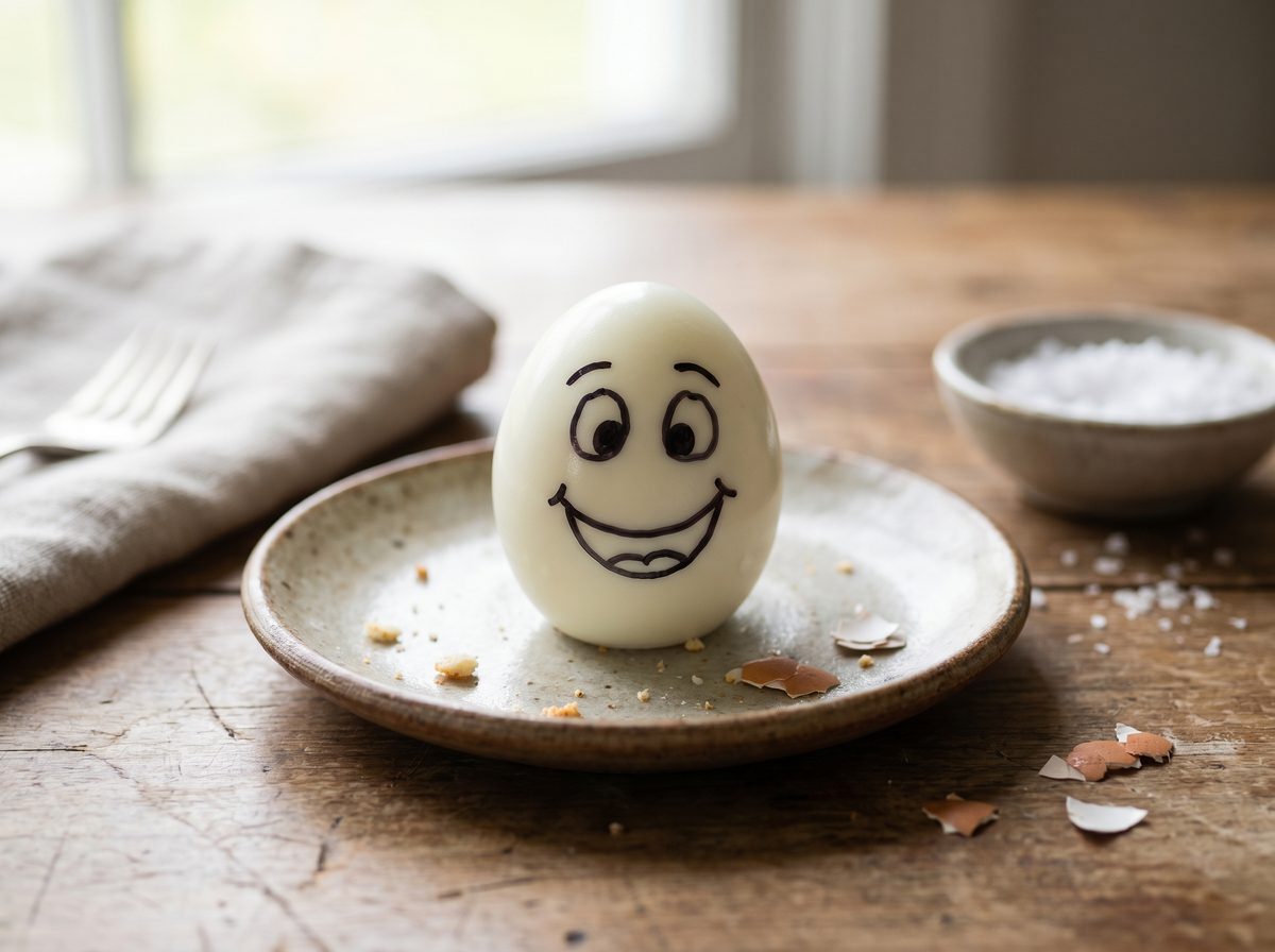 Hardgekookt ei met grappig gezichtje als gezonde traktatie peuter 3 jaar