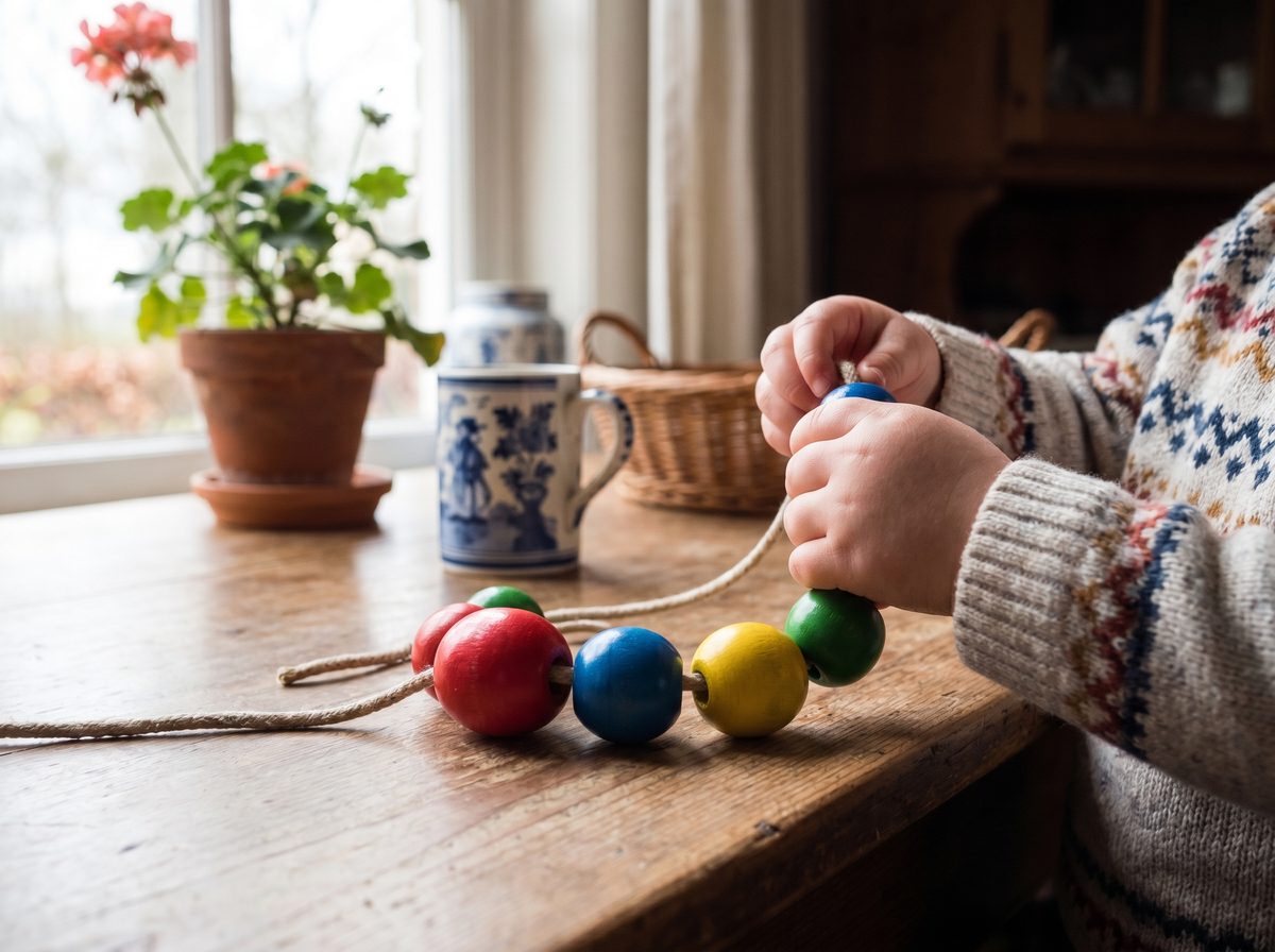 Peuter rijgt grote houten kralen op een draadje