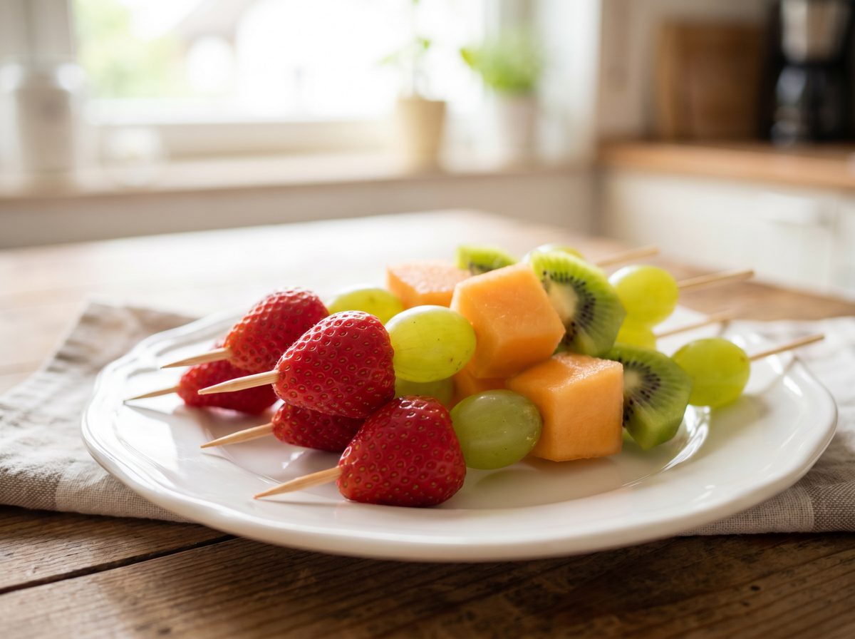 Kleurrijke fruitspiesjes als gezonde traktatie voor school