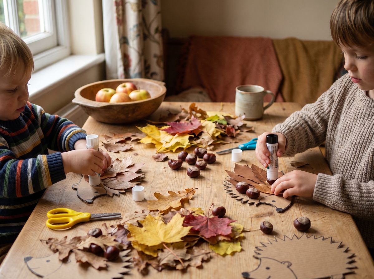 Herfst knutselen met peuters en kleuters, een tafel vol bladeren, kastanjes en zelfgemaakte egeltjes