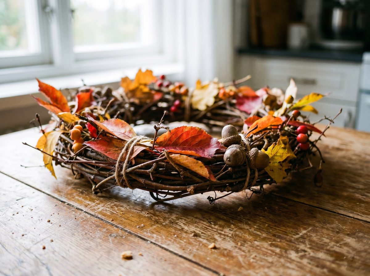 Herfstkrans knutselen van takjes en herfstbladeren