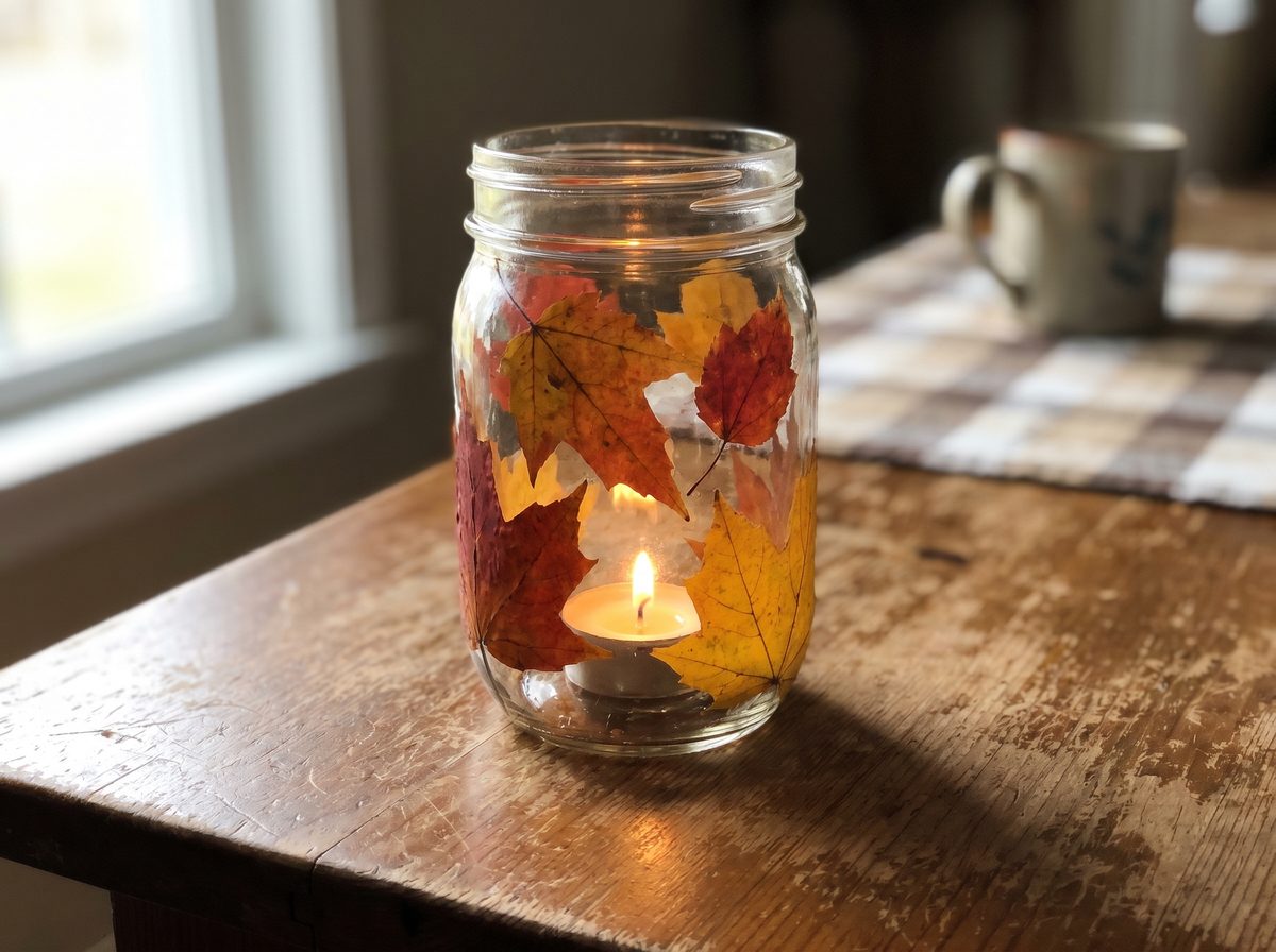 Herfstlantaarn knutselen van een glazen pot met herfstbladeren