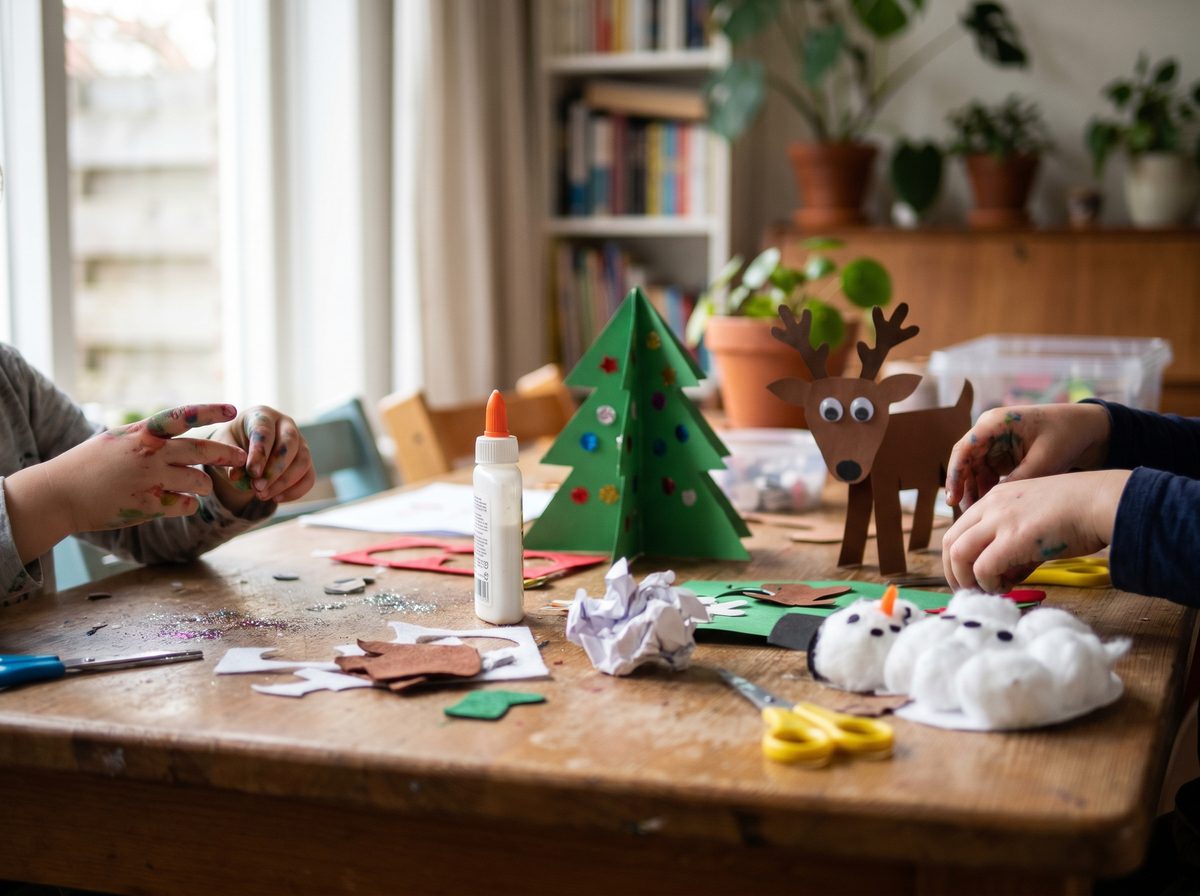 Kerst knutselen met peuters en kleuters, een tafel vol zelfgemaakte kerstbomen, rendieren en sneeuwpoppen van papier