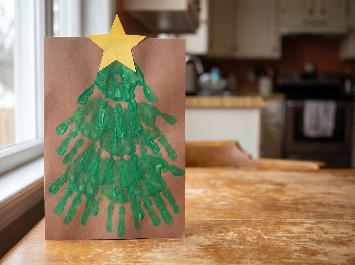 Kerstboom knutselen van handafdrukken met groene verf voor kerst