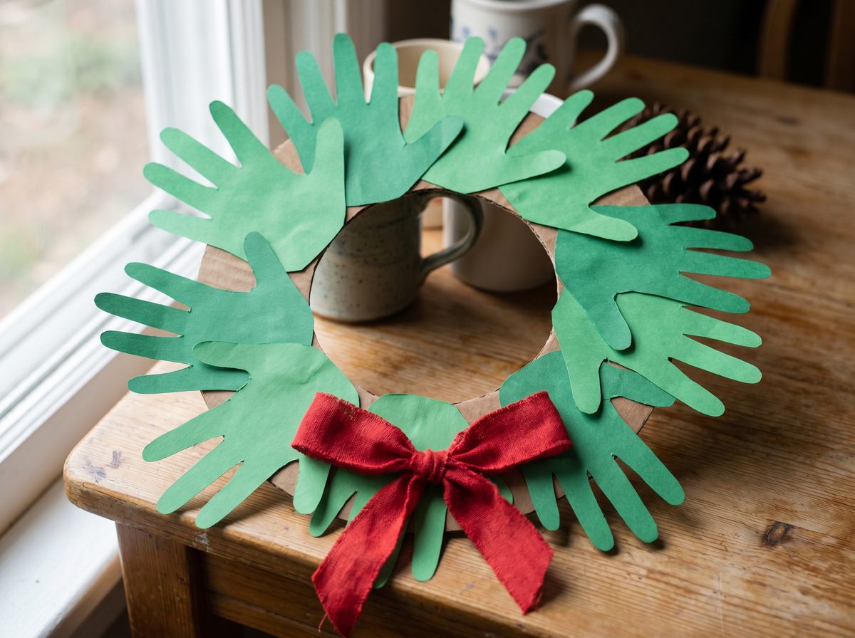 Kerstkrans knutselen van handafdrukken voor kerst met peuters en kleuters