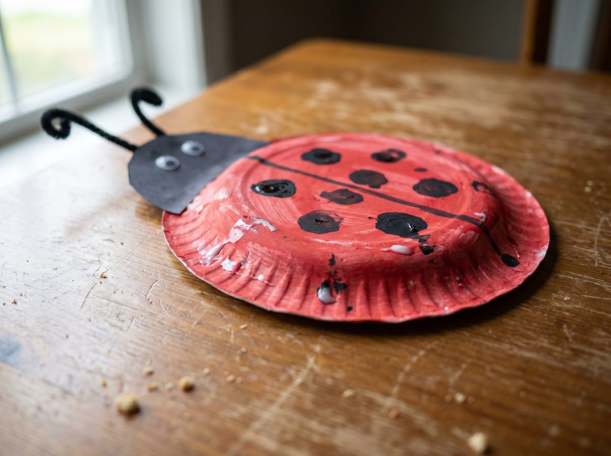 Lieveheersbeestje knutselen van een papieren bordje voor lente thema kleuters