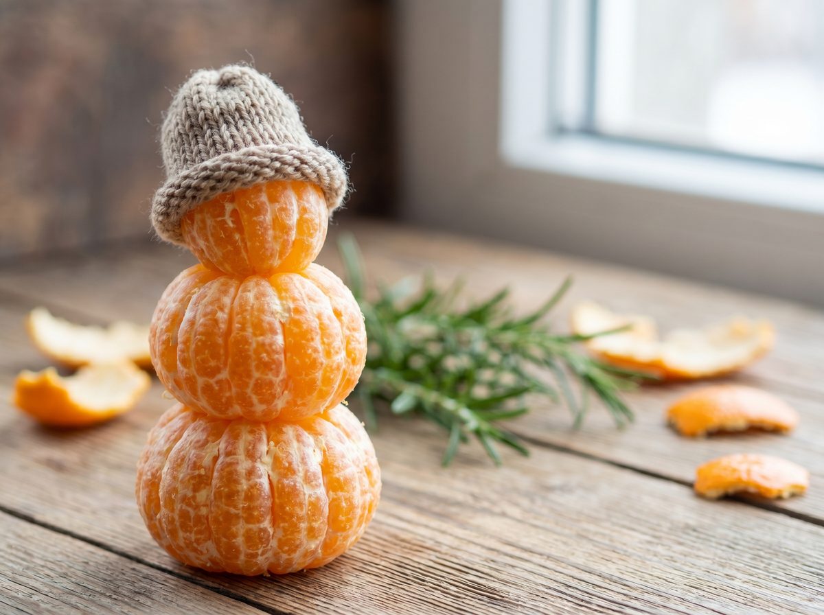 Mandarijn-sneeuwpop als gezonde winterse traktatie
