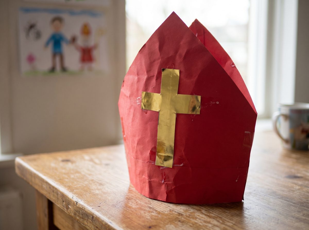 Mijter knutselen van rood papier met Sinterklaas