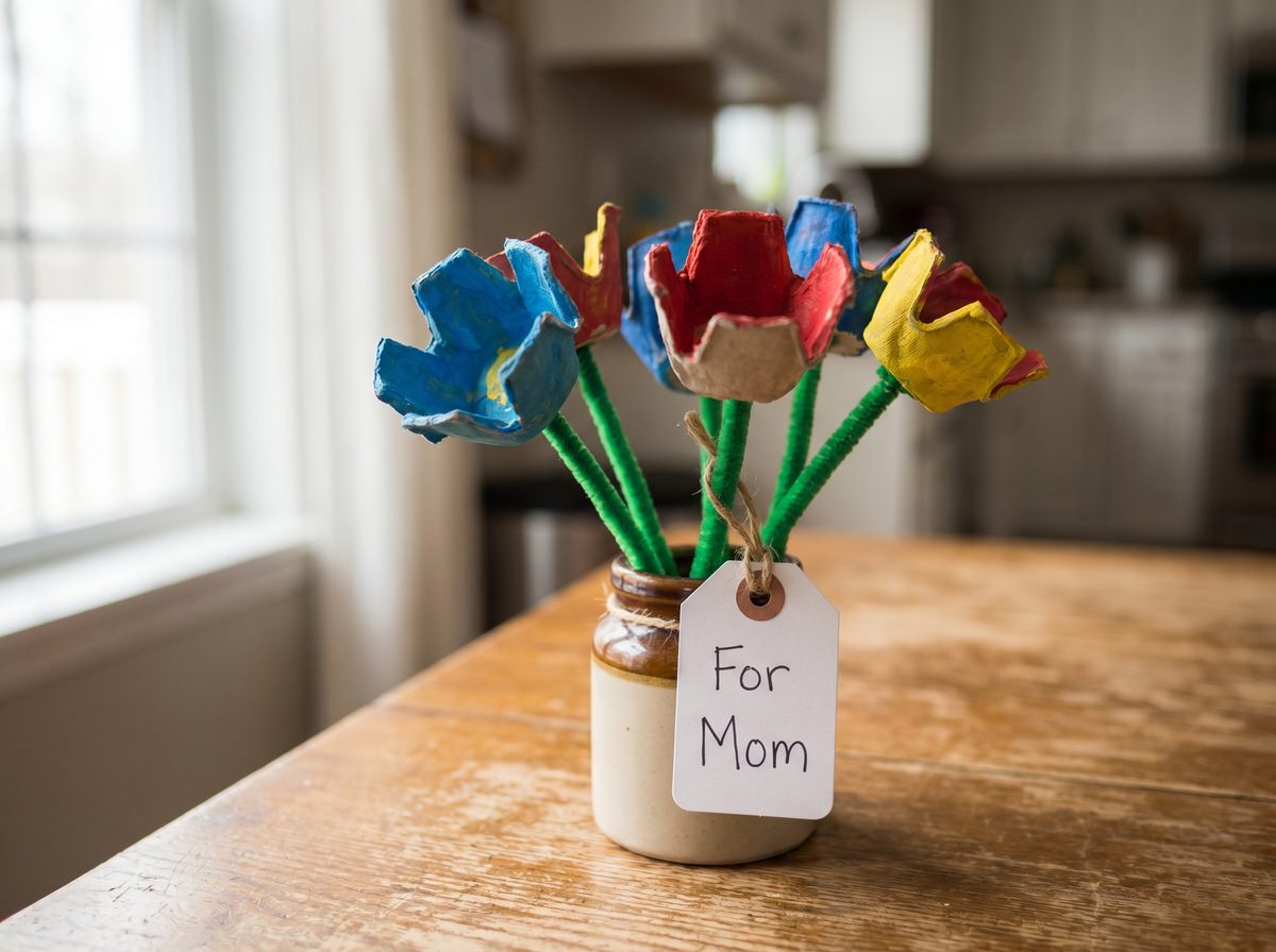 Moederdag knutselen bloem van eierdoos voor mama kleuters