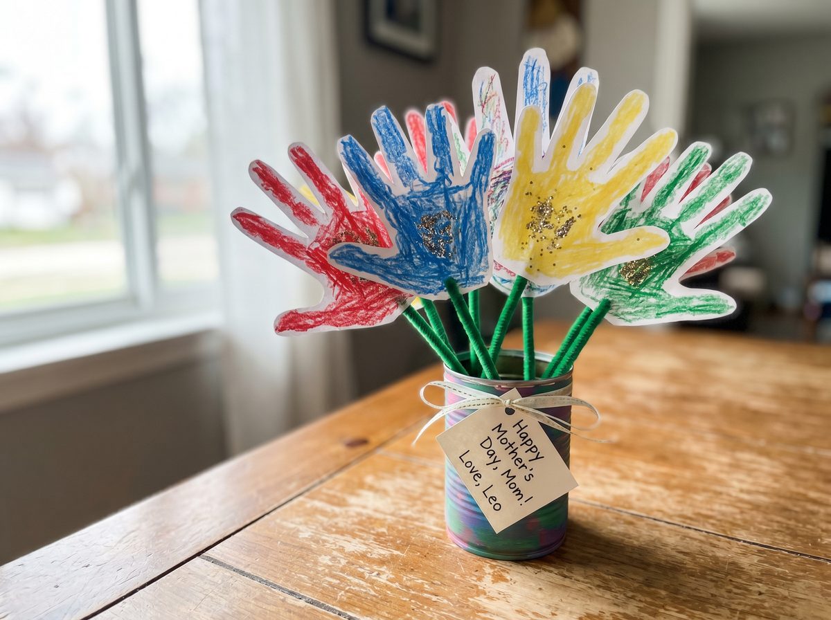Moederdag knutselen bloemen van handafdrukken voor mama peuter