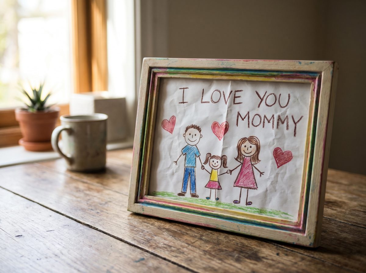 Moederdag knutselen ingelijste tekening lieve woorden mama groep 3 4