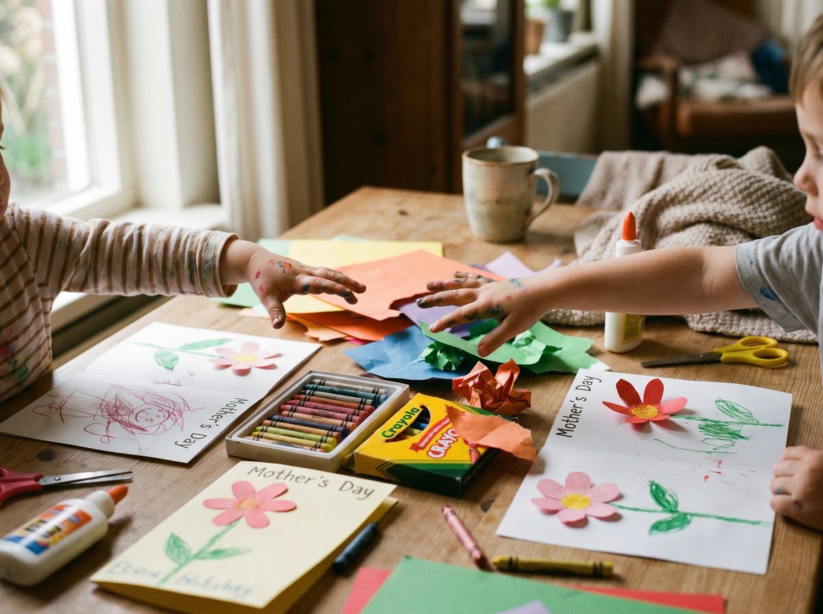 Moederdag knutselen met peuters en kleuters, een tafel vol zelfgemaakte kaarten en bloemen voor mama