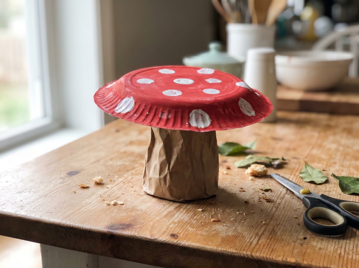 Paddenstoel knutselen van een papieren bordje voor herfst
