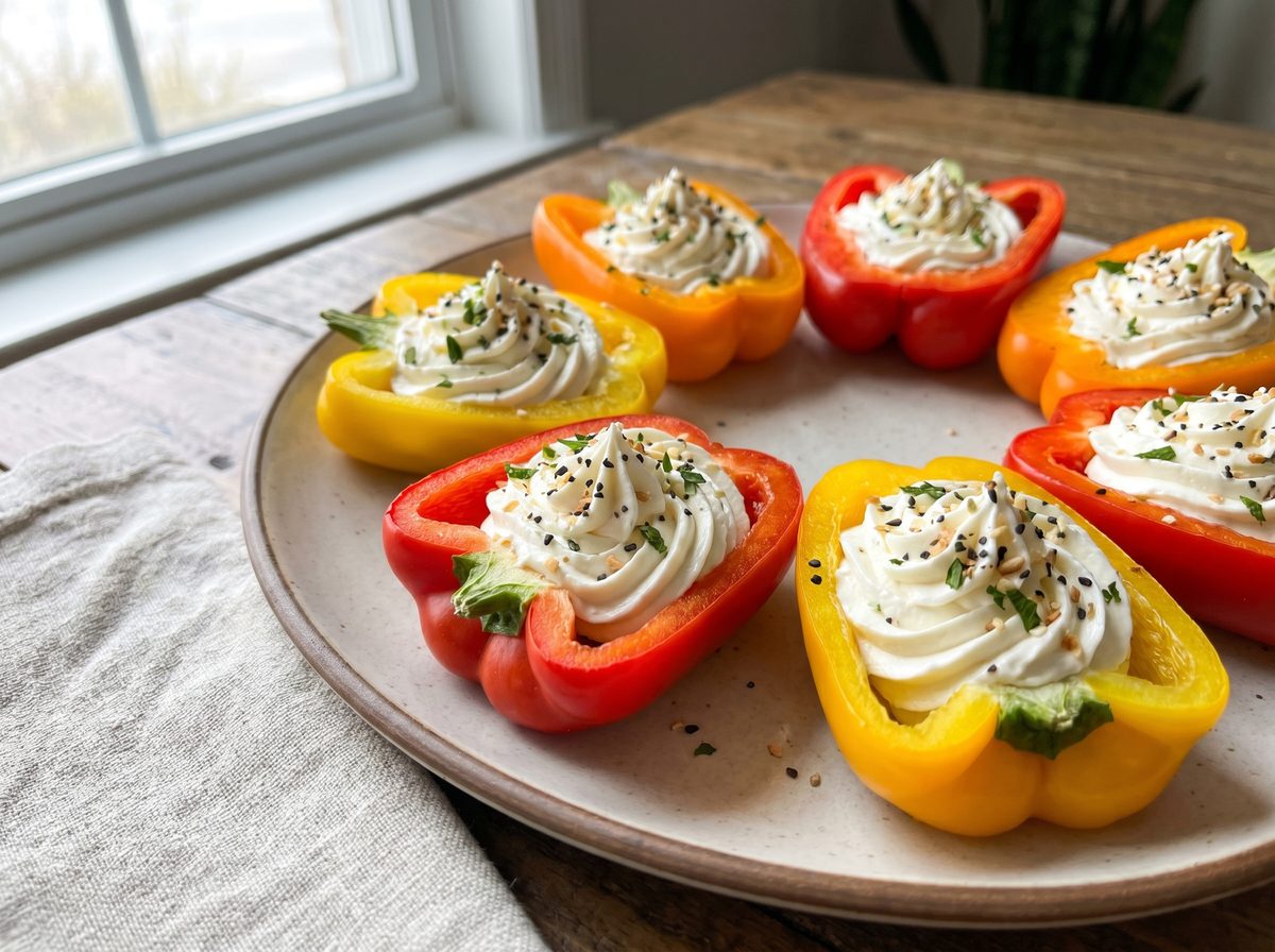 Paprika-bootjes gevuld met roomkaas als gezonde traktatie zonder snoep
