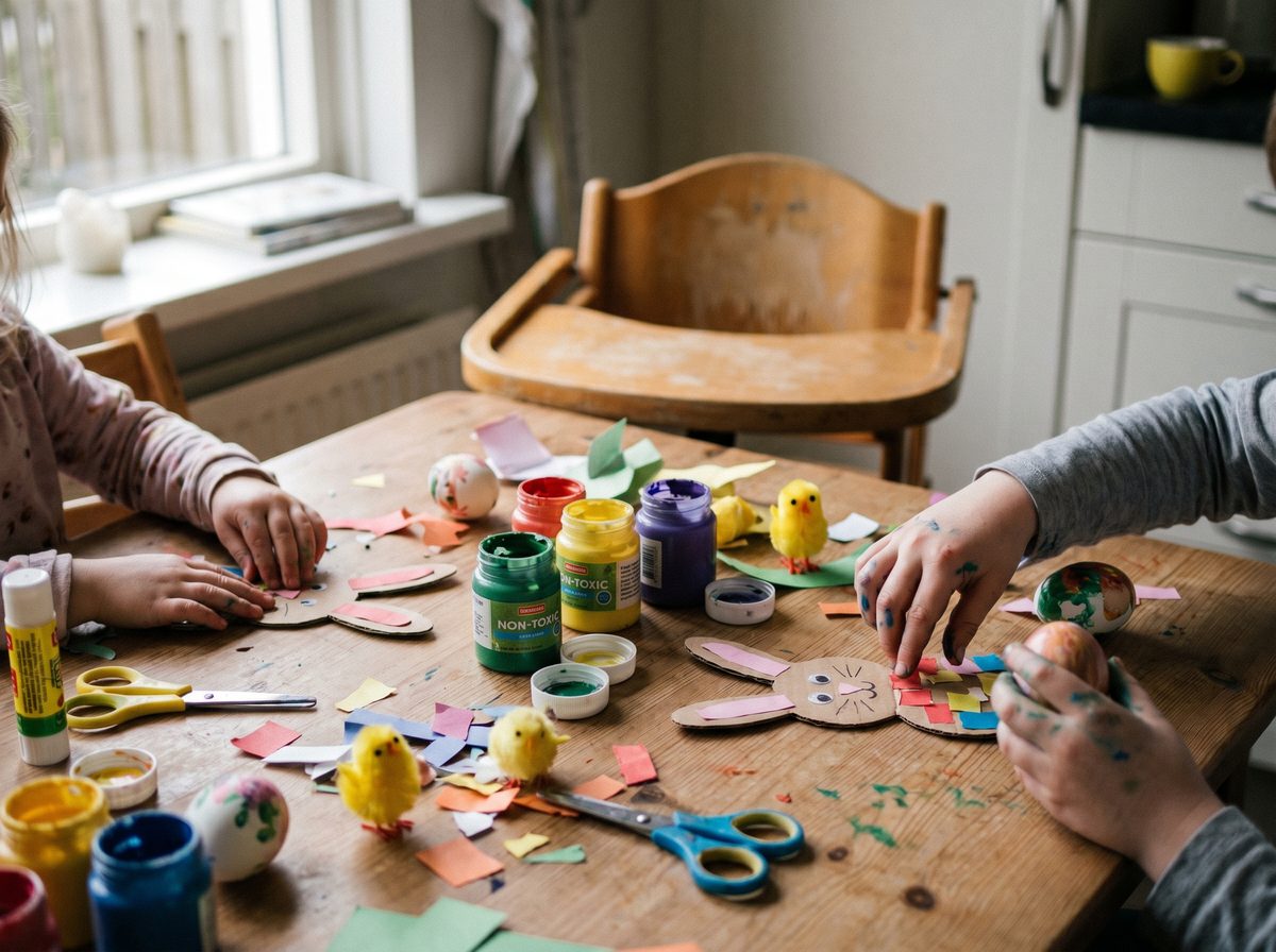 Pasen knutselen met peuters en kleuters, een tafel vol zelfgemaakte paashaasjes, versierde eieren en kuikentjes