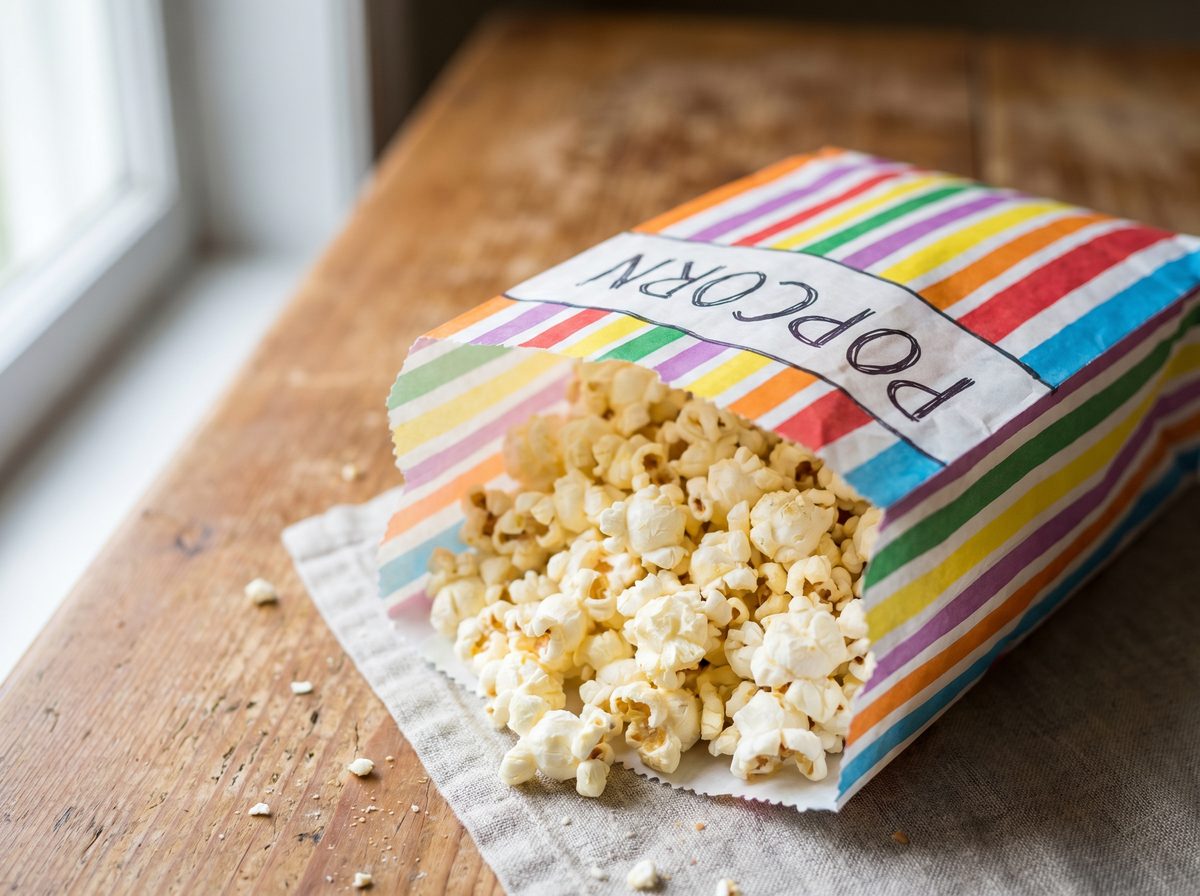 Zelfgemaakte popcorn in feestzakje als gezonde traktatie maken