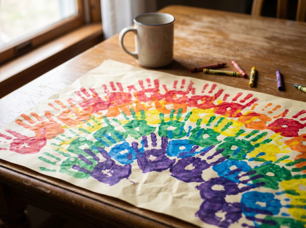 Regenboog knutselen van handafdrukken voor zomer knutselen kleuters