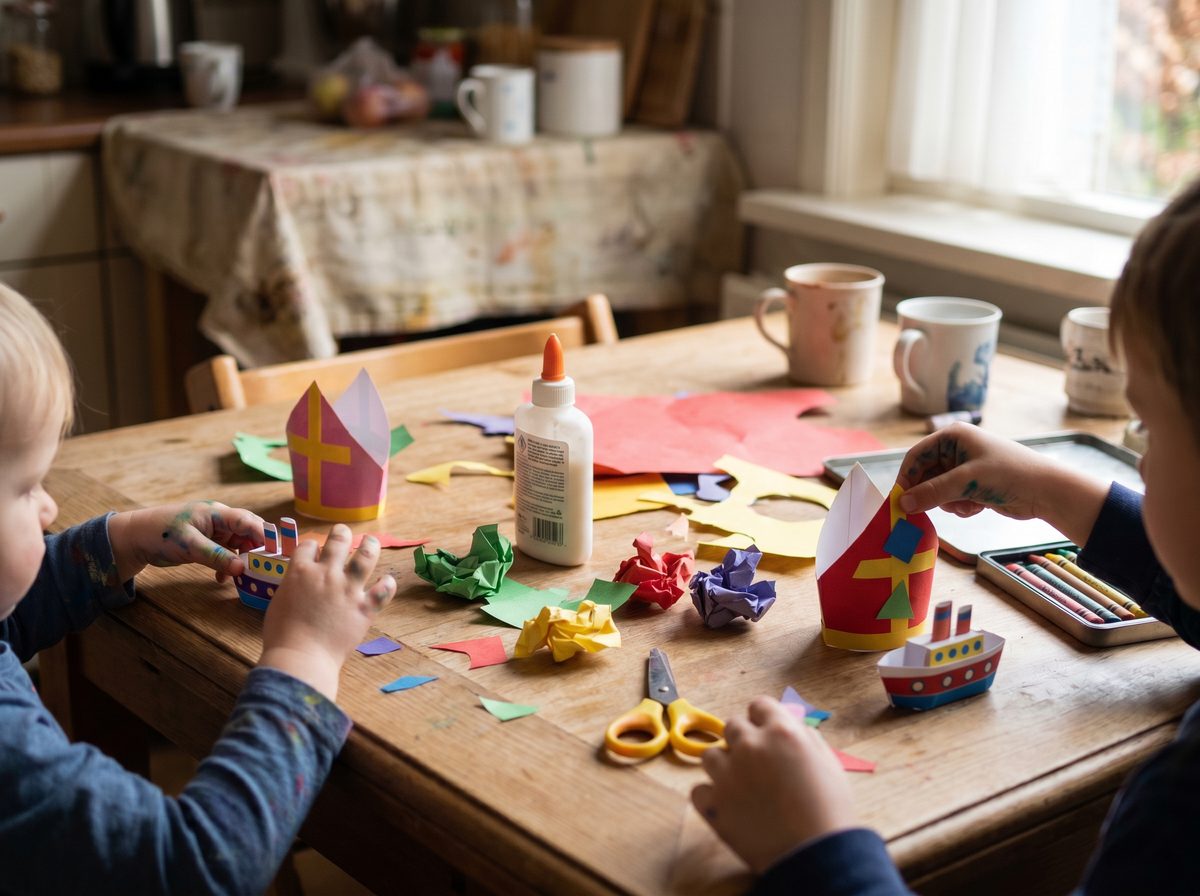 Sinterklaas knutselen met peuters en kleuters, een tafel vol zelfgemaakte mijters en stoombootjes