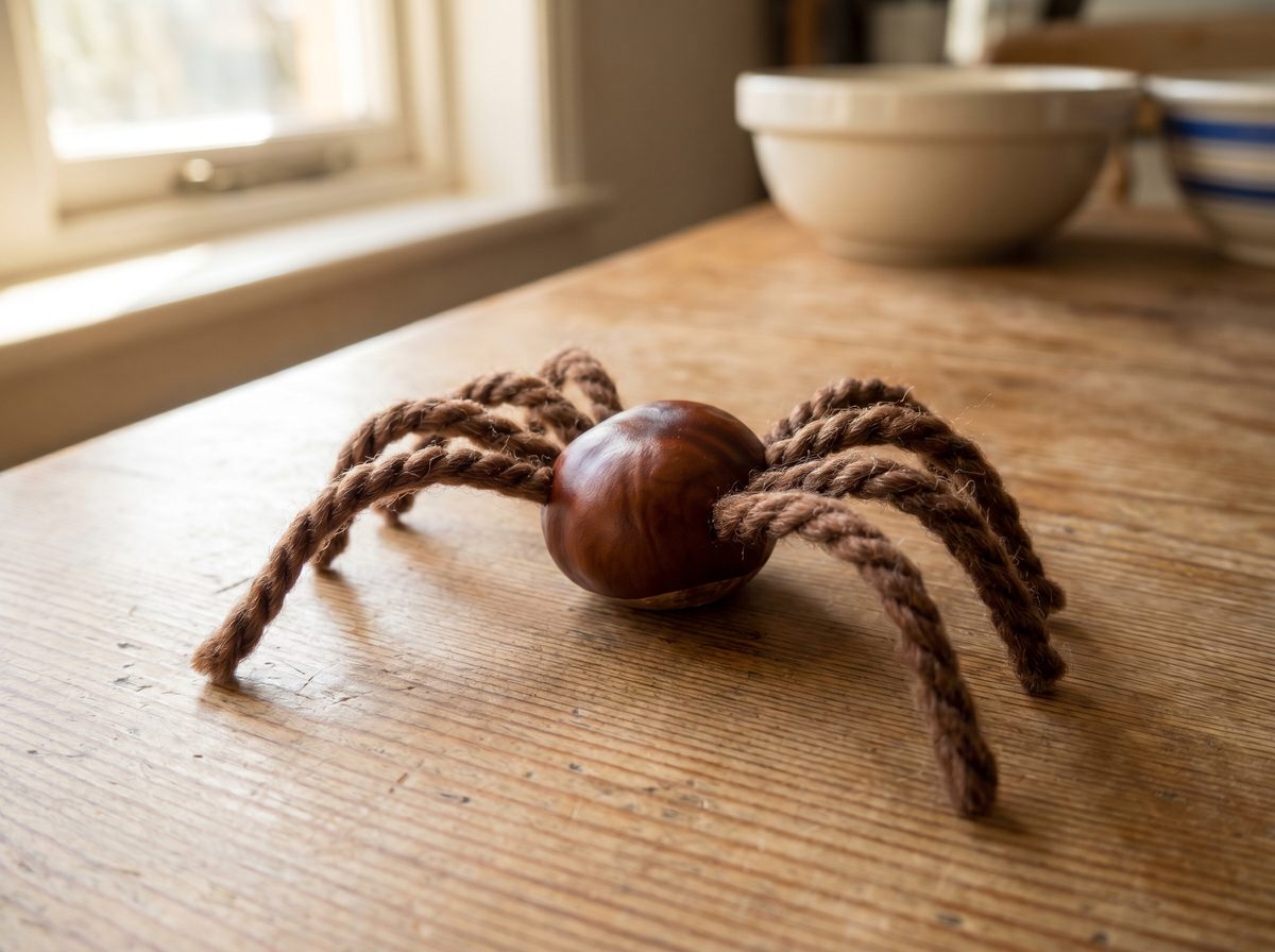 Spinnetje knutselen van kastanje en wol voor herfst
